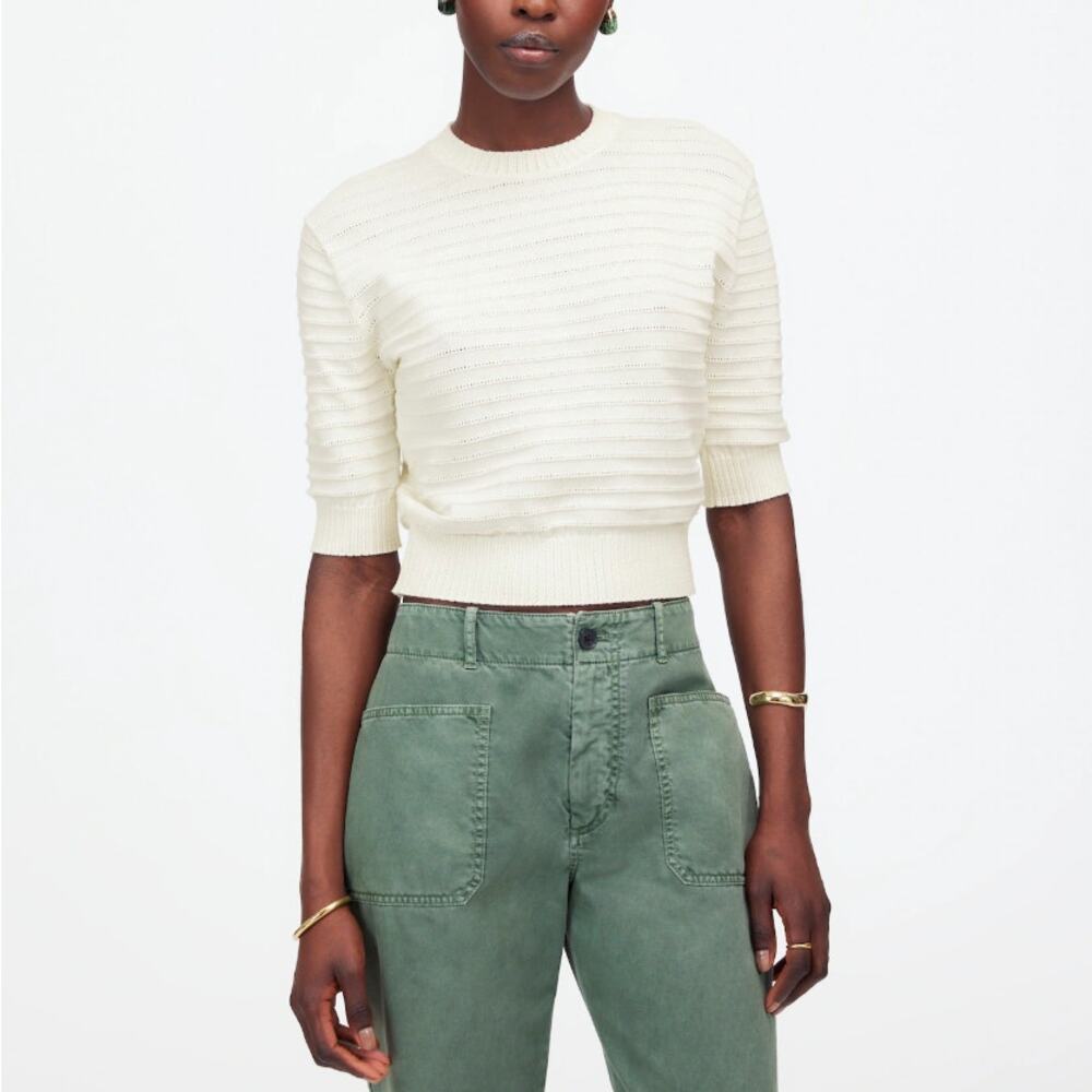 Madewell Textural-Stitch Cotton Sweater Womens M Cream Cropped Relaxed Fit Knit